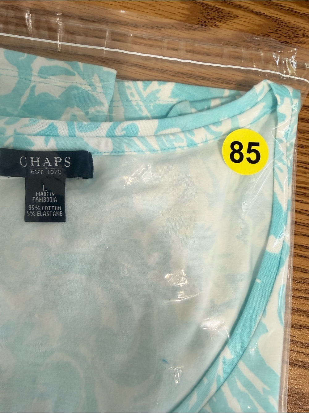 NWOT Chaps Lt Blue & White Floral Design - Short Sleeve Stretchy Tee, Scoop Neck - Picture 2 of 8